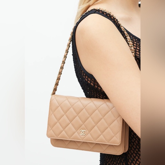 😍 Beige tan Quilted Crossbody Bag Wallet on chain Chanel logo - Picture 4 of 14